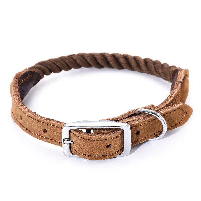 Mile High Life Rope Dog Collar | Durable Braided Cotton Rope Collars | Genuine Leather Dog Collar w Metal Pin Buckle | Classic Puppy Collars for Large Dog (Dark Brown) - Image 1